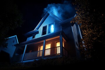 Abandoned house in a suburban neighborhood, with dark shadows gathering in the corners, and a faint, ghostly figure seen through the window