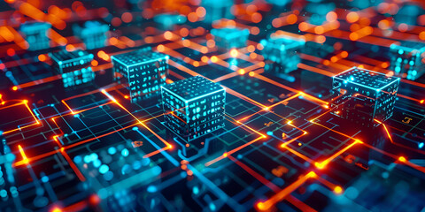 Digital city infrastructure with glowing nodes and circuits in a futuristic design, Smart city technology with connected networks and data flow