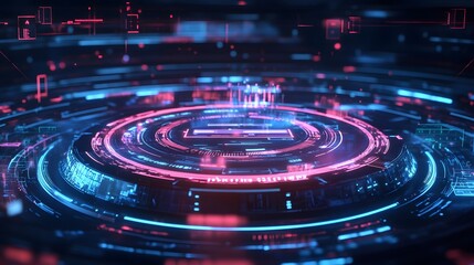 Fototapeta premium Horizontal abstract holograms with HUD interface. Blank cyberspace with futuristic elements. Circle elements Sci-fi podium for show product in cyberpunk style. 3D holograms HUD for UI, Web. Vector lab