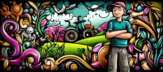 A vibrant illustration featuring a young person in a landscape with flora, fauna, and machinery.