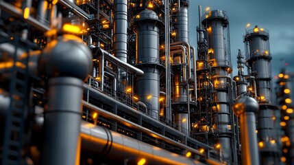 Monochromatic cybernetic close up view of a petrochemical refinery showcasing the industrial process of extracting and refining chemical compounds from petroleum  This futuristic