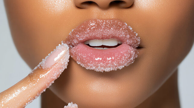 Glittery lips with sugar scrub, beauty close-up
