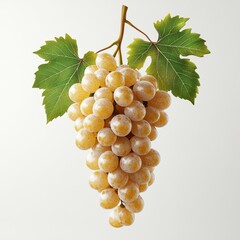 A bunch of yellow grapes with green leaves, showcasing fresh fruit.