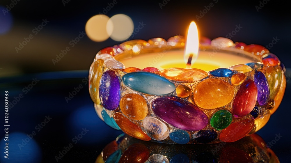 Wall mural A colorful candle holder with a lit candle, creating a warm and inviting atmosphere.