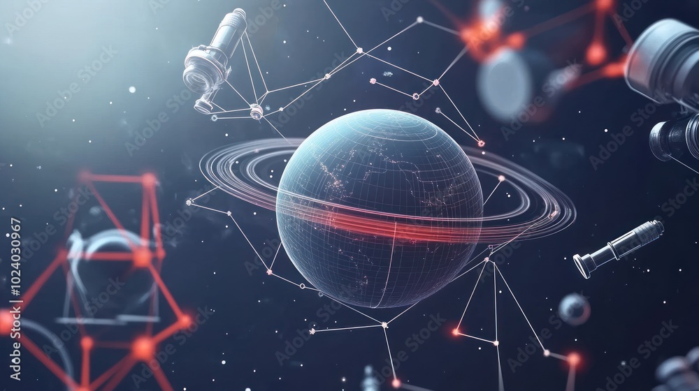 Poster a digital representation of a planet with rings surrounded by scientific instruments and constellati