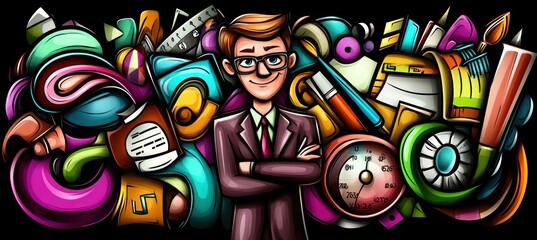 A stylized illustration of a man in a suit surrounded by colorful creative tools and elements.