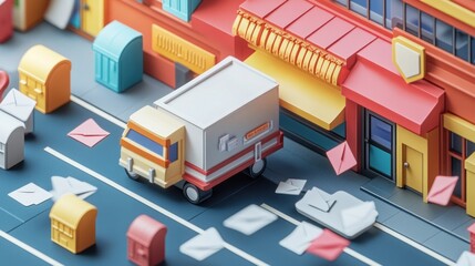 Fototapeta premium A colorful scene featuring a delivery truck amidst scattered letters and mailboxes.