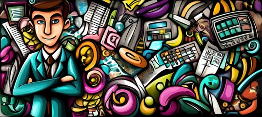 Obraz premium A colorful illustration featuring a confident man surrounded by various office supplies and designs.
