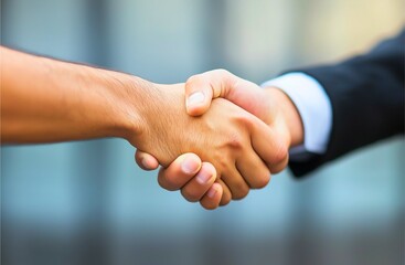 A close-up image of a warm handshake between two individuals, symbolizing agreement, partnership, trust, and professionalism in a business setting.