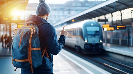 Young man with backpack pointing at train timetable display on railway station platform focused on checking arrival and departure information for his travel experience