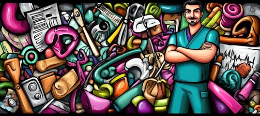 Fototapeta premium A colorful collage of various objects with a healthcare professional in the foreground.