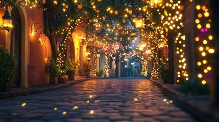 Cobblestone Street Illuminated with Festive Lights