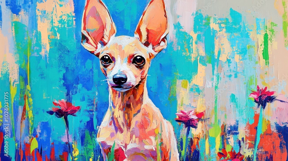 Sticker A vibrant, colorful painting of a Chihuahua surrounded by flowers and a bright background.