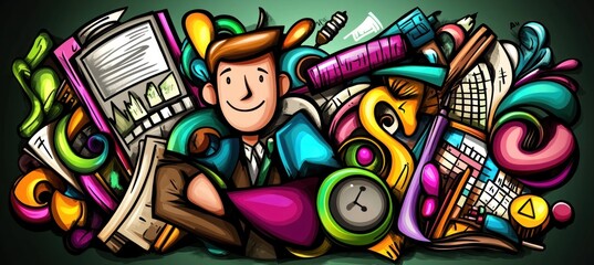 A colorful illustration featuring a cheerful businessman surrounded by various office supplies.