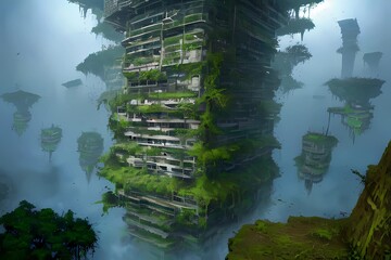 ゲーム背景　ホラー風人類が滅亡し緑化異世界化したオフィス摩天楼風景