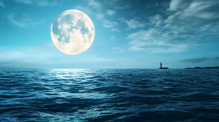 A full moon rising over a tranquil ocean with a picturesque lighthouse silhouetted in the distance creating a peaceful and idyllic coastal scene