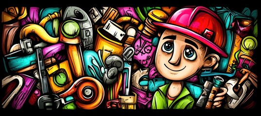 Obraz premium A cheerful worker surrounded by colorful tools and materials, emphasizing creativity and industry.