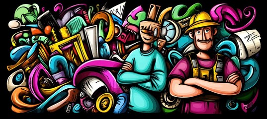 A colorful illustration featuring two characters amidst a chaotic mix of objects and shapes.