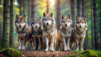 Obraz premium Highly detailed wolves in front of a forest with nature background, widescreen superwide wallpaper