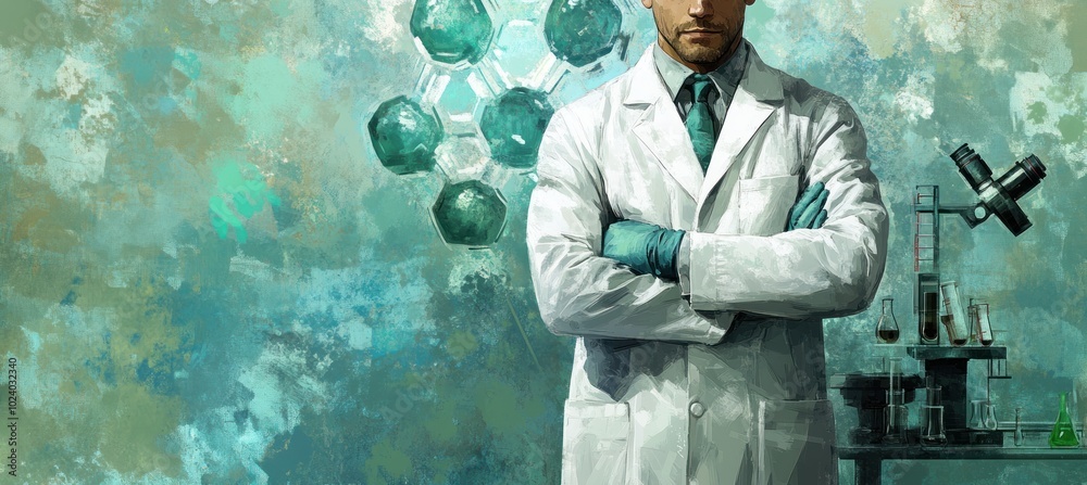 Poster A scientist in a lab coat stands confidently in a laboratory setting, surrounded by equipment.