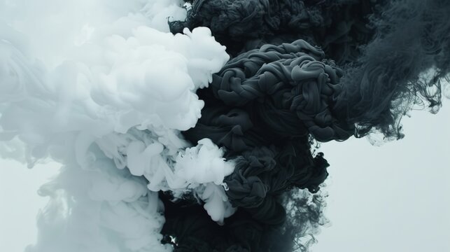 Dynamic clash of white and black smoke, swirling together in a mesmerizing dance of contrast and intensity, creating a captivating visual spectacle