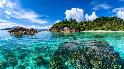 Obraz premium Breathtaking panoramic view of a lush tropical island with crystal clear turquoise waters white sandy beaches and swaying palm trees An idyllic