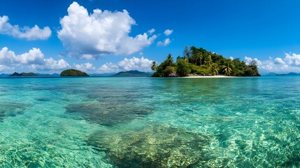 Stunning panoramic view of a breathtaking tropical island with crystal clear turquoise waters azure skies and a picturesque coastline