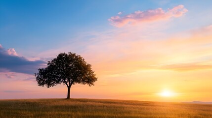 Fototapeta premium Stunning and Vibrant Sunset Silhouette of a Lone Tree Against the Dramatic Sky in a Serene Countryside Field Landscape