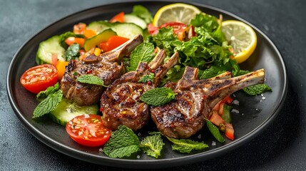Fototapeta premium Keto Friendly Lamb Chops with Mint Leaves and Refreshing Summer Salad on a Plate Highlighting Healthy Eating and Diet for an Inviting Delicious Cybernetic Toned Meal with Analogous Color Scheme