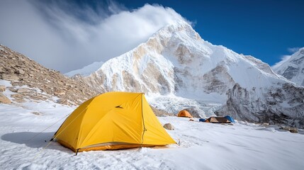 Yellow tent in snowy mountain landscape under a blue sky.