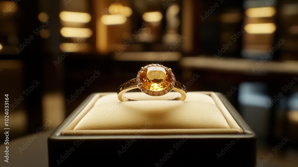 Canvas Prints A golden ring featuring a large gemstone, displayed elegantly on a plush pedestal.