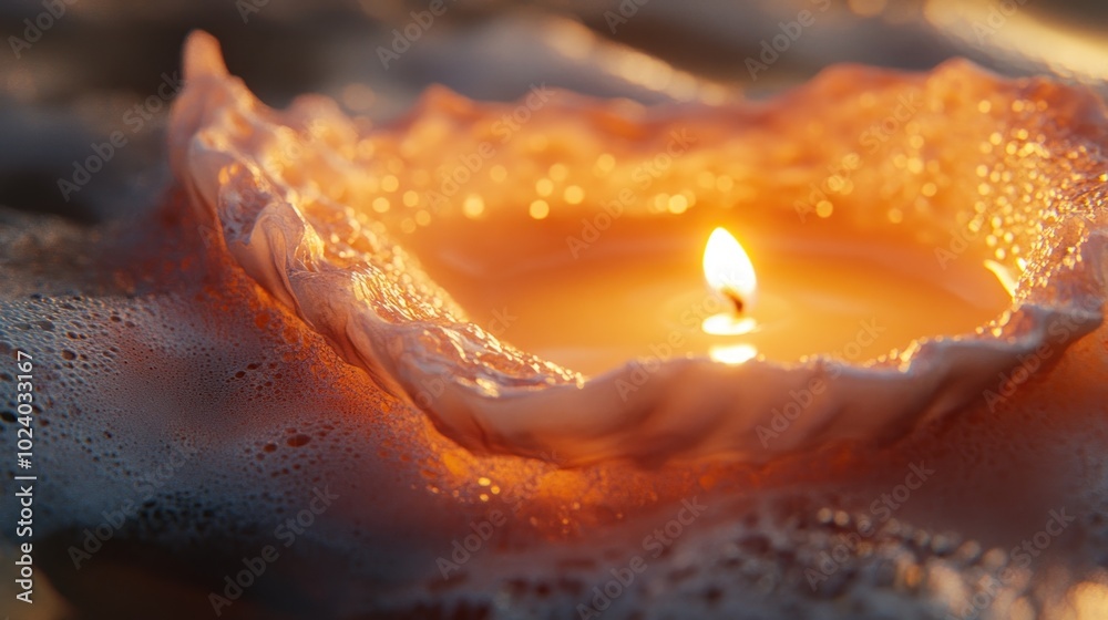 Sticker A glowing candle in a shell, surrounded by soft waves, creating a serene atmosphere.