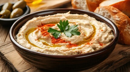 A bowl of hummus garnished with olive oil and parsley, served with bread and olives.