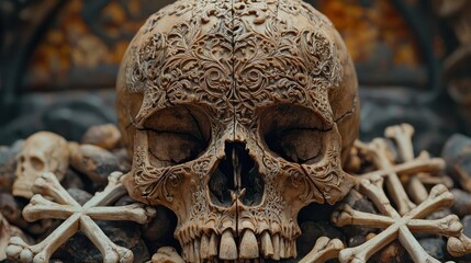 Intricately designed skull surrounded by bones, symbolizing mortality and artistry in a captivating, dark aesthetic.