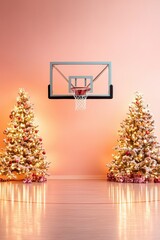 A Christmas cross-themed basketball hoop, with holiday decorations surrounding the court.