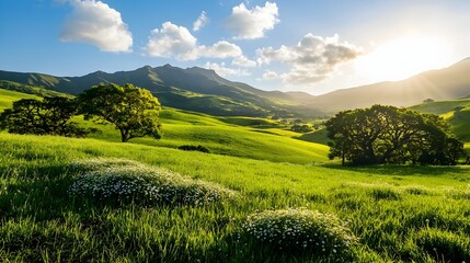 Fototapeta premium Stunning panoramic landscape of rolling green hills covered in blooming wildflowers in a serene and tranquil countryside setting Natural picturesque and idyllic rural scenery