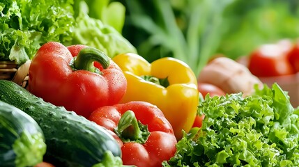 Close up view of a vibrant vegan meal featuring an assortment of fresh organic vegetables beautifully arranged on a clean table symbolizing a healthy and wellness focused lifestyle