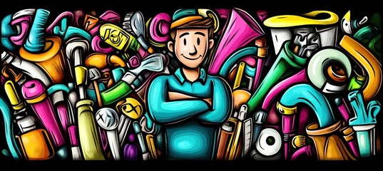 A cheerful character stands amidst a vibrant array of colorful pipes and tools.