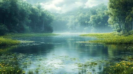 Fototapeta premium Serene Forest Lake: Tranquil Nature Photography