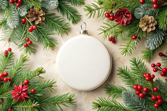 Holiday ornament Christmas mockup with red florals and green pine branches