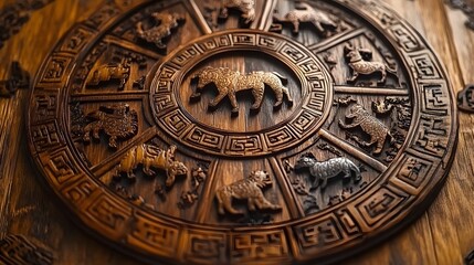 Papercut zodiac animals in a circle with festive Lunar New Year symbols and red background