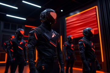 Futuristic military salute, where soldiers in advanced gear stand before a digital flag, representing the future of national defense and patriotism