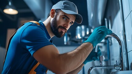 Hardworking plumber in a cap carefully working under a bathroom sink to fix plumbing issues representing home maintenance and handyman services