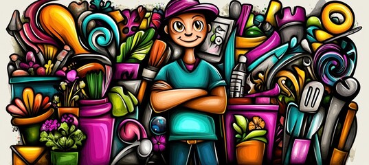 A colorful illustration featuring a smiling person surrounded by various tools and plants.