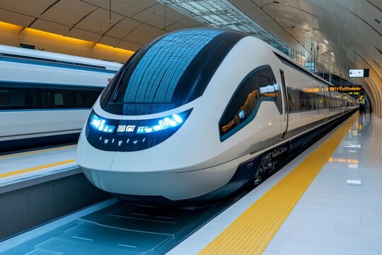 Futuristic train station, where magnetic levitation (maglev) trains travel at incredible speeds, offering smooth and quiet long-distance travel
