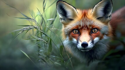 Obraz premium A close up of a red fox peering out from tall grass in a lush green forest habitat