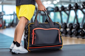 Grabbing a gym bag, preparing to leave for a morning workout, representing an active, health-conscious routine