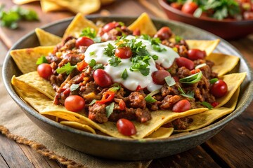 Homemade baked nachos with beef and pinto beans