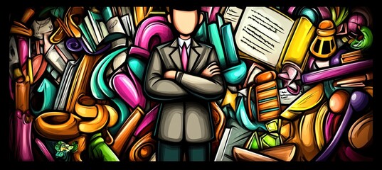 Obraz premium A stylized figure in a suit stands amidst a vibrant collage of books and colorful items.