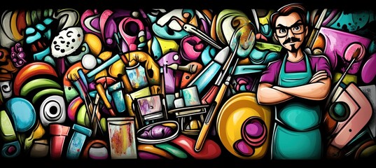 Obraz premium Colorful artistic scene with a person surrounded by various art supplies and tools.